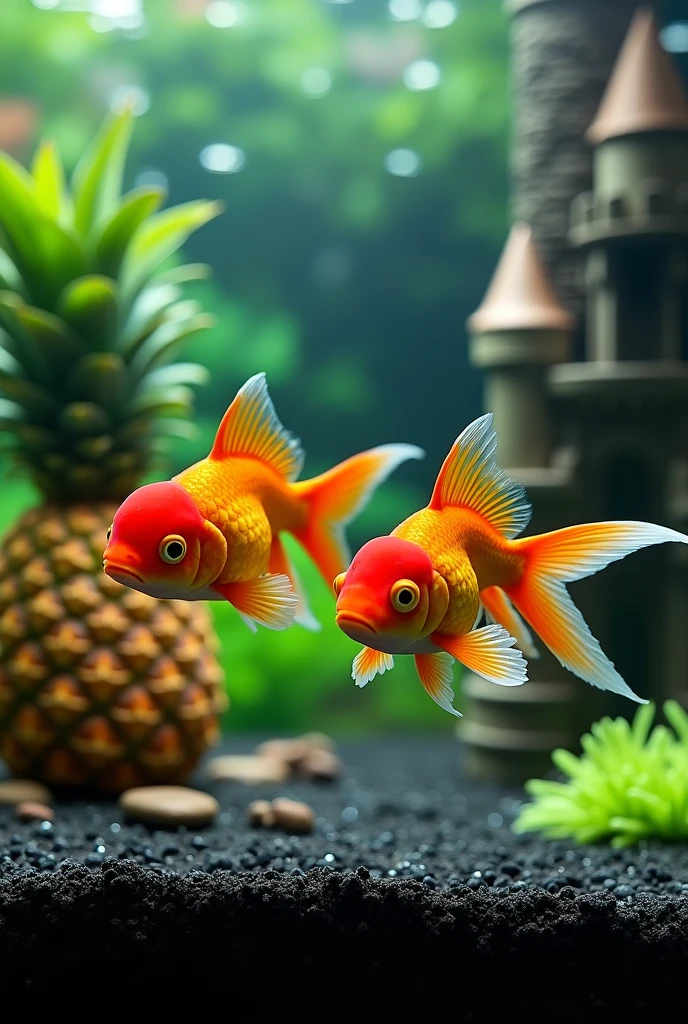 Imagine a aquarium of dimensions 40. Lenght and 13 hight in inchies place black soil at the bottom and put pineapple and place a castle on it fill it with water and add red headed gold fish in it pair 4