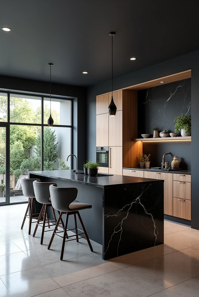Professional 3d architecture rendering design of modern kitchen with So dark blue vintage and dark beige and dark gray cabinets and modern so light gray design chairs shiny black marble island island and modern windows and complete showing kitchen and showing complete kitchen and modern windows and showing complete kitchen and modern accessories