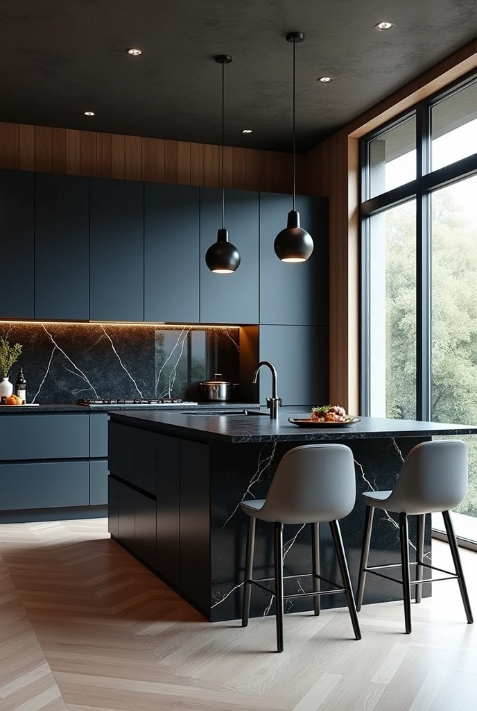 Professional 3d architecture rendering design of modern kitchen with So dark blue vintage and dark beige and dark gray cabinets and modern so light gray design chairs shiny black marble island island and modern windows and complete showing kitchen and showing complete kitchen and modern windows and showing complete kitchen and modern accessories
