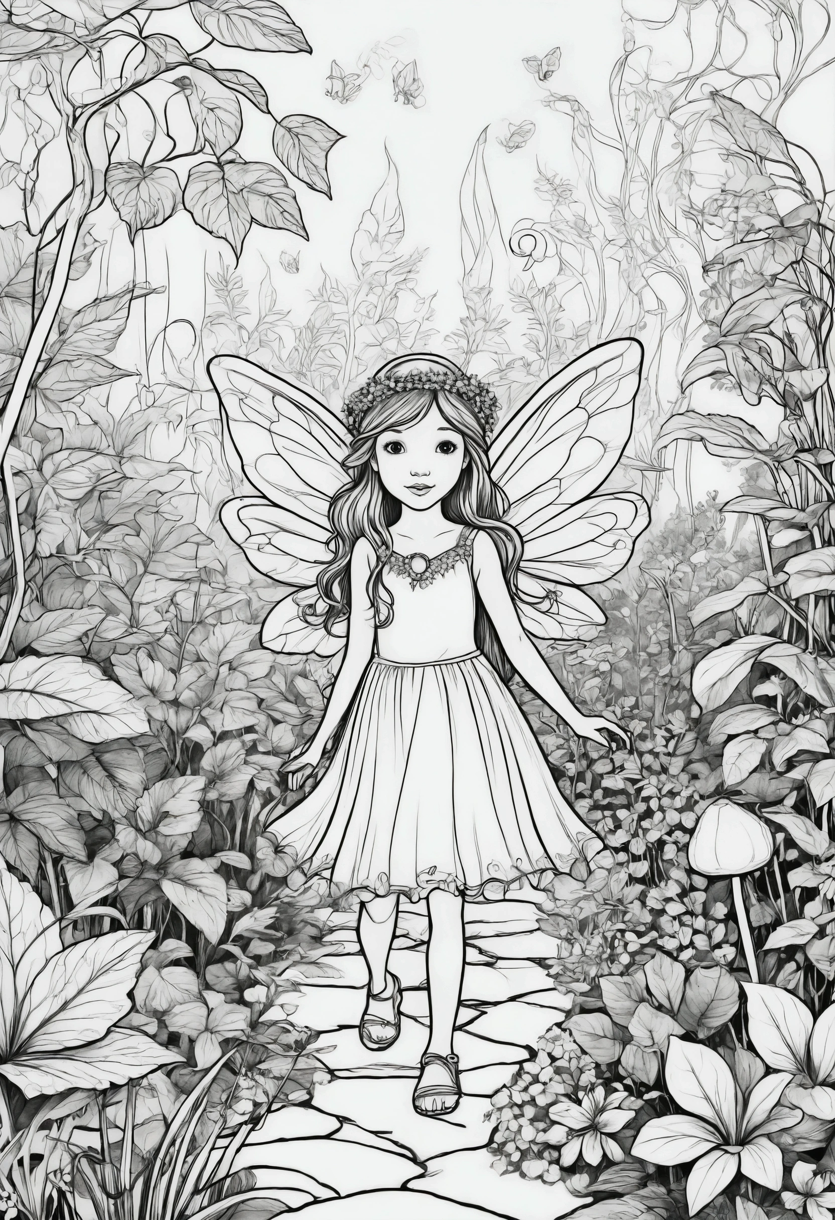 A fairy exploring a secret garden with luminescent plants, for coloring pages, full white,clean line art, children's style, magic forest background, full body, Sketch style, playful style, childrens,coloring page, clean line art, white background, colouring page, clean outline
