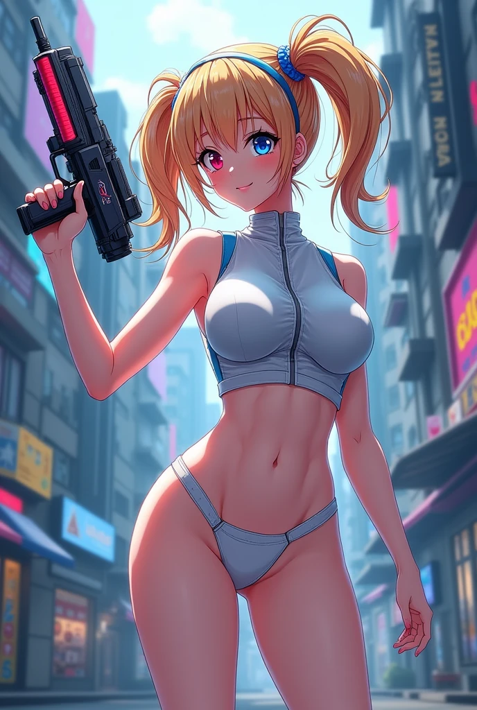 ((Masterpiece, highest quality; 1.3)), super quality, beautiful detail, super detailed, extra fine, 16K, exquisite, absurd, high resolution, beautiful background, detailed background, beautiful eyes, beautiful skin, anime style, Kay from Dirty Pair in a white outfit, tight outfit, cleavage, blonde hair in twin (red and blue) dyed pigtails,beauty, very light blue uniform, wearing tight clothes, skimpy, (mid chest: 1.2), cleavage, cleavage, slim waist , thin waist, slim thighs, thin legs, slim legs. thigh gap, showing stomach, skinny, thin hips, cyberpunk city background, holding retro space gun , headband,