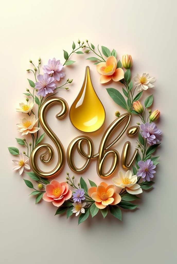 A stunning 3D logo for Sobii, a premium essential oil company. The letter "Mister" is elegantly designed with a stylized drop of essential oil at its center, symbolizing the purity and quality of the products. Surrounding the "A" are various flowers and plants, each represented in a detailed and lifelike manner. The overall composition is a harmonious blend of text and imagery, exuding a sense of tranquility and refinement. The background is a soothing mix of soft colors, complementing the essence of the brand., 3d render