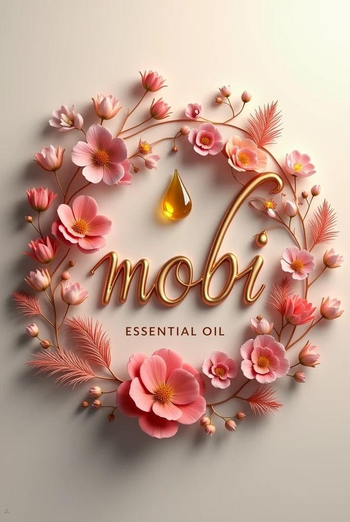 A stunning 3D logo for Sobii, a premium essential oil company. The letter "Mister" is elegantly designed with a stylized drop of essential oil at its center, symbolizing the purity and quality of the products. Surrounding the "A" are various flowers and plants, each represented in a detailed and lifelike manner. The overall composition is a harmonious blend of text and imagery, exuding a sense of tranquility and refinement. The background is a soothing mix of soft colors, complementing the essence of the brand., 3d render