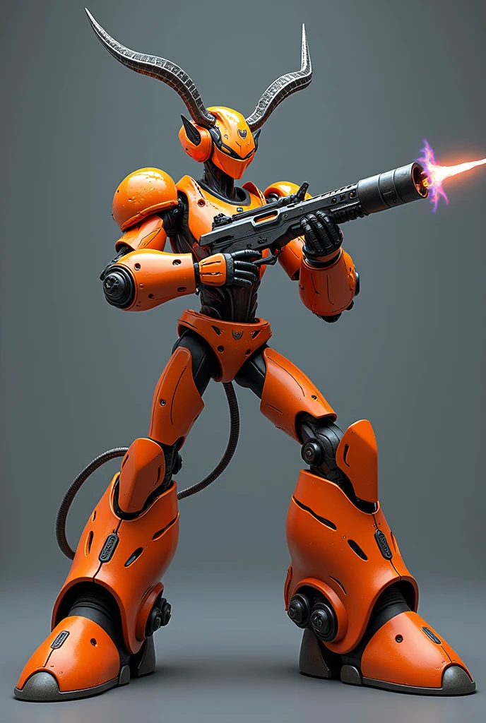 A character in the style of the Megaman X franchise, with shades focused on orange, inspired by an antelope, with his weapon being a pistol