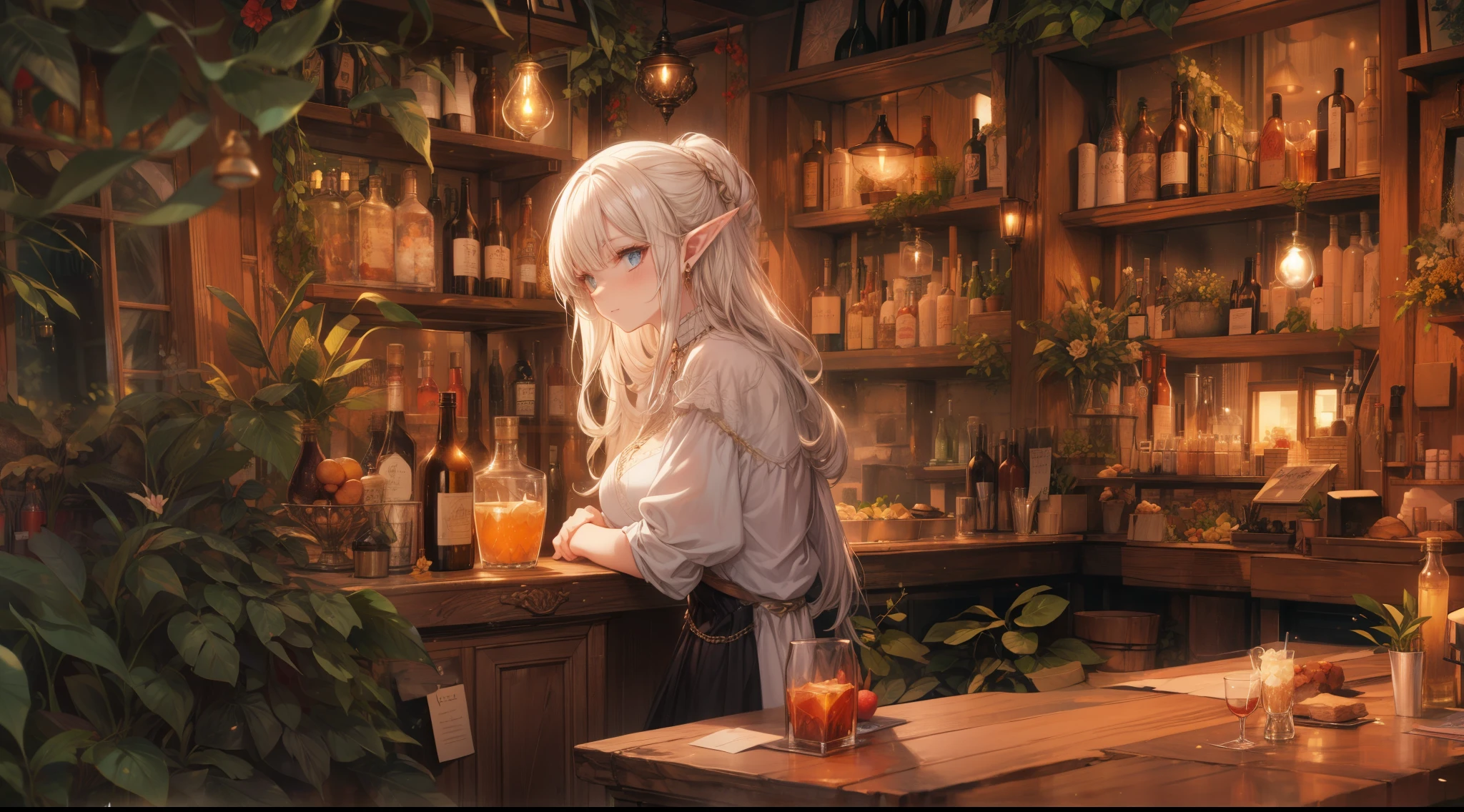 A cozy, stone-built elven bar with an elegant elf bartender preparing a drink for a customer, depicted in an anime style. The elf has delicate features, long flowing hair, and pointed ears. The bar is warmly lit by candlelight, with vintage bottles and glasses lining the wooden counter. The atmosphere is serene and inviting, perfect for a calm evening. The anime style adds a touch of fantasy and whimsy, capturing the magical and mystical nature of the elven world.