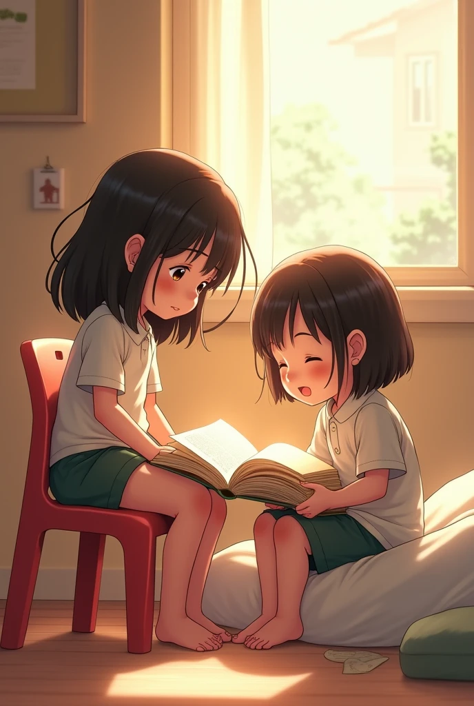 In a room a girl teach a  girl  ,girl sit on plastic chair and small sit on bed both look in a book