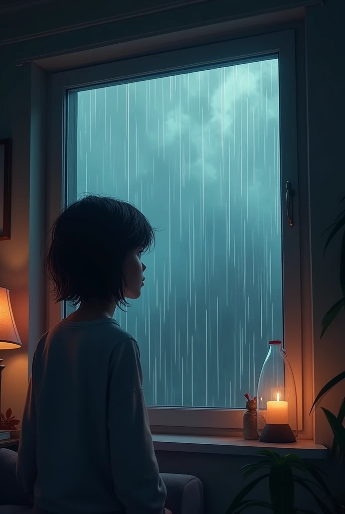 Watching heavy rain through window