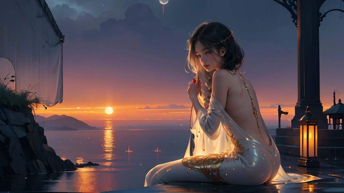 ((beautiful woman sitting on rock in the middle of the sea)), lady goddess of the sea, surreal art, exhibition art, fantasy, ((sunset cloudy sky)), (sunset sunset with dark clouds)), ((slight drizzle)), ((lightning)), art by Michelangelo Buonarroti, Mikko Lagerstedt and Dan Mumford, realistic, highly detailed and intricate details, complex background, fog, sharp focus, dynamic pose, light,
very long black hair with shiny gold,
dimensional portal,
transparent silk clothing,
filigree, highly detailed face, dynamic lighting, perfect proportion, intricate clothing, clarity, high quality, sharp focus, safe, caucasian goddess,
transparent silk clothing,
beautiful breasts, naked lady,
very long black hair with shiny gold, golden flowers, ((huge full moon behind the lady)), celestial atmosphere, splash, dripping paint, spatula painting, swirling waves, abstract waves, lantern and lamp,, (((transparent clothing showing naked body))), large foamy waves, ((bubbles floating)), greek column, ((night sky with full moon)), ((sunset sky, storm and rain)), girl sitting in front, naked girl, well detailed eyes, beautiful eyes, braided hair, brown and black hair, wlop art, well detailed art,