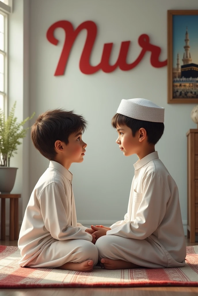 Realistic 2 muslim boy sitting on prayer place, and looking the camera. The boy is wearing white Shalwar Kameez and islam muslim cap on head, and boy face at from side. the background features simple bedroom and Nur written in red font on behind white wall and Makkah & Madina masjid photo frame holding on wall
 