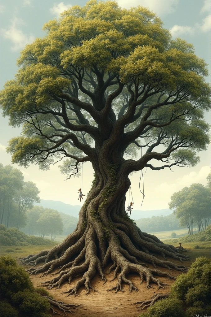 A family tree representing cultural tradition with deep roots and branches symbolizing rations and rituals