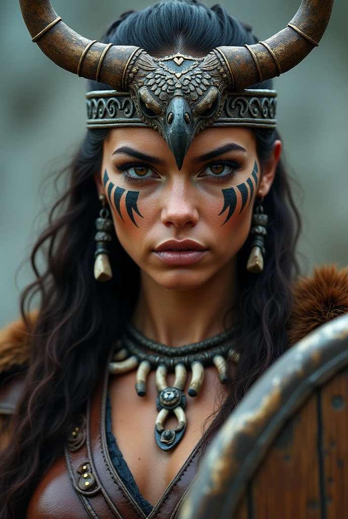 Close up face of beautiful viking queen, wooden shield in hand, eagle crown , tribal design on the eyes, Angry, bone ornaments on the neck, leather armor, focused