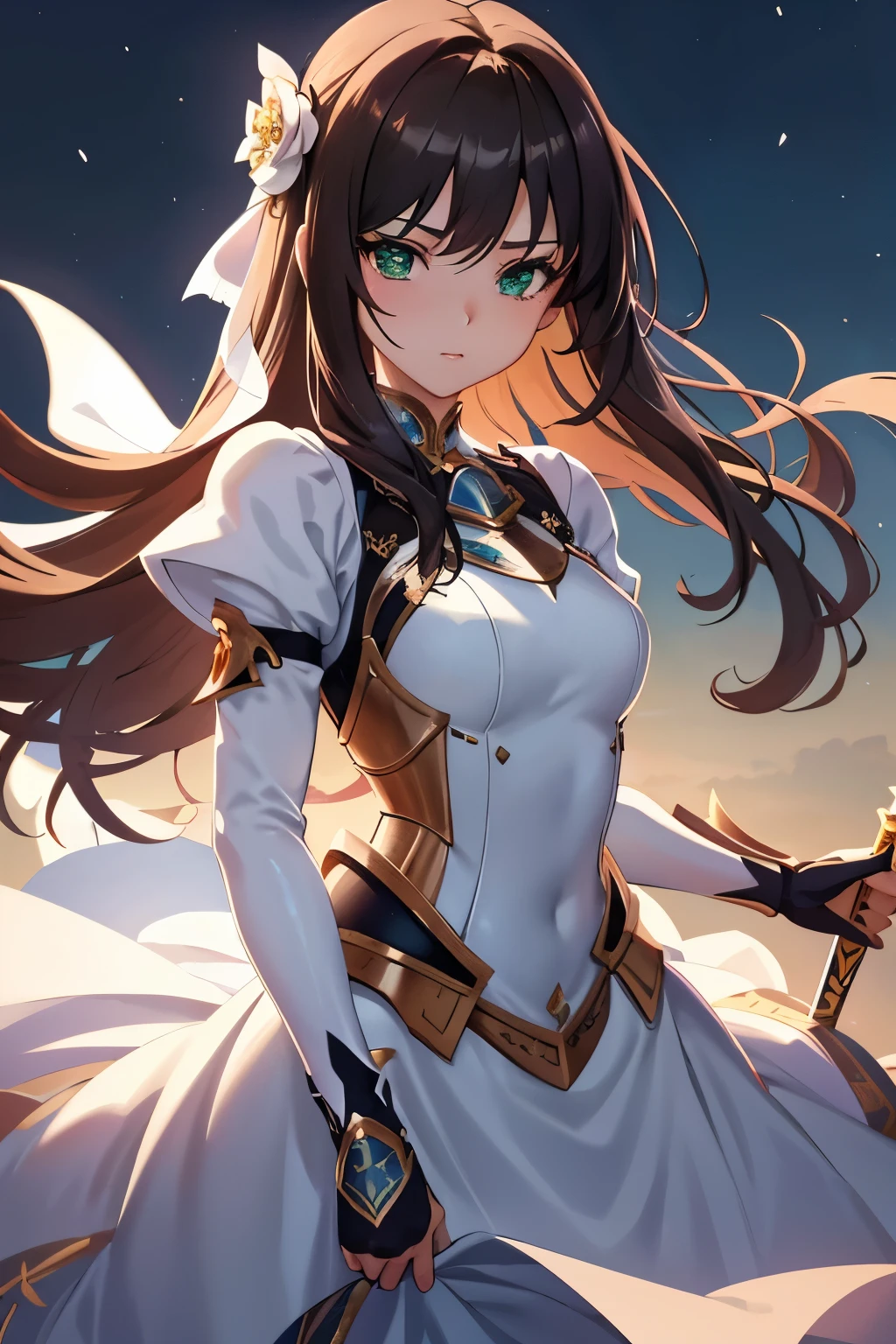 ((masterpiece, Highest quality, High resolution, 超High resolution, Pixel perfect, Written boundary depth, 4K, RTTX 10.0, High resolution))), 1 person, single, alone, Beautiful Anime, Beautiful art style, Anime characters, ((Shortcuts, bangs, Dark brown hair)), ((Green Eyes:1.4, Round eyes, Beautiful eyelashes, current eyes)), ((Smooth texture:0.75, Anime CG style)), ((Dynamic Angle, close)), Perfect body, (cute), Normal chest, whole body, ((4K, 8k, Highest quality, Perfect Fingers: 1.3, Perfect Anatomy: 1.3, Background Blur)), whole bodyアングル, Illustration of a female knight wearing a combination of armor and a dress, The character is dressed in shiny silver armor.、An elegant dress can be seen peeking out from between the gaps in the armor., The armor is intricately decorated、Hair sways softly, The dress is mainly white.、Beautifully decorated with frills and ribbons, She holds the sword、Rin々Standing in a very elegant posture, In the background are majestic castles and battlefields.、Overall, the scene is a fusion of strength and beauty.