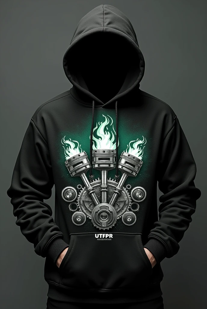 Black oversized hooded sweatshirt, with a large print with engine pistons, fire and gears in white and gray and just the writing mechanical engineering in dark green. Also add an embroidery in the lower left corner with the word utfpr in white.