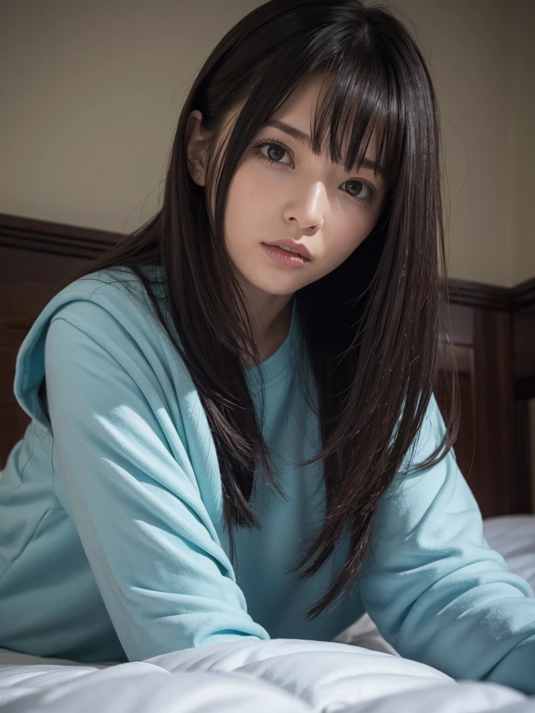 (8k, RAW photo, best quality, masterpiece:1.2), ultra detailed, ultra high res,
(realistic, photo realistic:1.37), high detail RAW color photo, professional photograph,
an extremely delicate and beautiful, extremely detailed, 8k wallpaper, Amazing, finely detail, huge file size, official art, extremely detailed CG unity 8k wallpaper,
extremely detailed beautiful girl, extremely detailed face, extremely detailed eyes, extremely detailed skin, extremely detailed fingers, extremely detailed nose, extremely detailed mouth, perfect anatomy, highly detailed background, extremely detailed clothing,
1girl, (25 years old:1.2), teenage, cute girl, famous japanese idol, kawaii,
(small breasts:1.2), realistic body, ,
fair skin, shiny skin, slender body, good figure,
black hair, long straight hair, (blunt bangs:1.2),
smile, cute, young, cute face, baby face, realistic face,
beautifully detailed eyes, drooping eyes, beautiful big eyes, large dark eyes, beautiful and clear eyes,
hoodie,lonp sleeve, black panties,
looking at viewer, cowboy shot, front view, standing posture, contrapposto,in room,on the bed,
dynamic lighting,