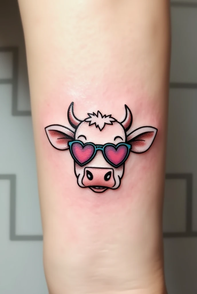 A fine line tattoo design of a cute cow's head wearing sunglasses with heart-shaped lenses on the tip of its nose