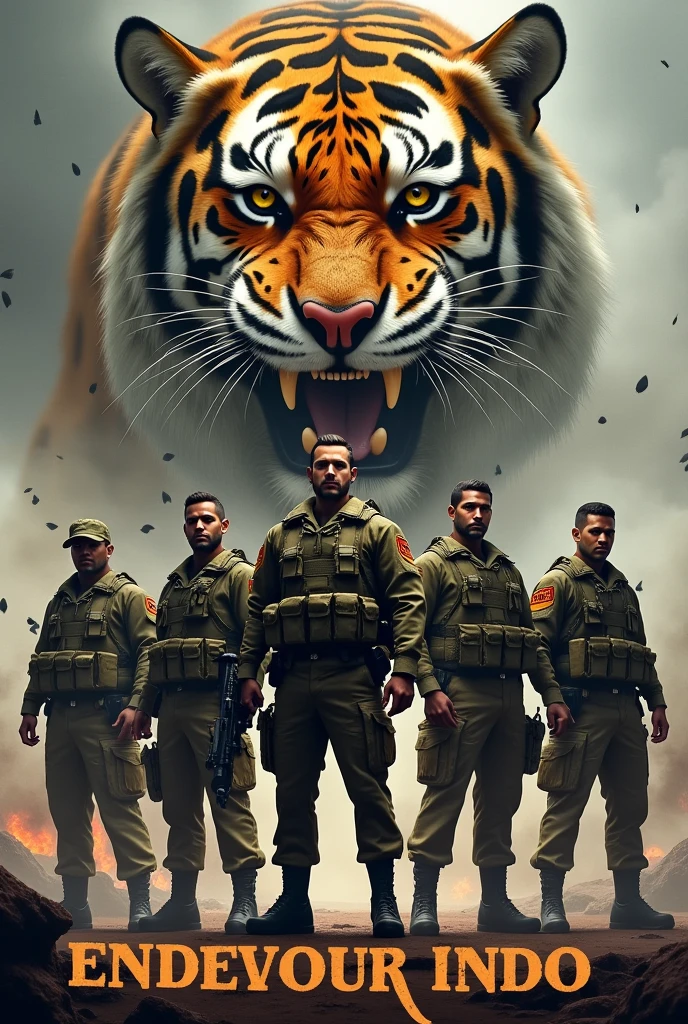 Make me 5 humans in war clothes, tiger head with the words Endeavour Indo written underneath