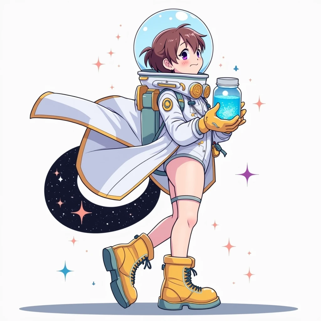 a drawing of an anime girl in a futuristic space suit with labcoat, scientist girl in space suit, holding a jar, traditional anime art, traditional style, epic pencil illustration, hyper detailed manga drawing,