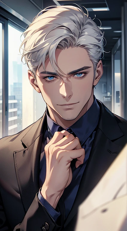 (best quality, masterpiece, 8K, photorealistic, cinematic lighting, hdr image, ultra detailed, beautiful image), 1 man, 3, mature man, very handsome, (without expression, smile), short white hair, blue eyes ( penetrating gaze), perfect face without errors, imposing posture, without errors, businessman, office background