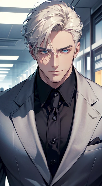 (best quality, masterpiece, 8K, photorealistic, cinematic lighting, hdr image, ultra detailed, beautiful image), 1 man, 3, mature man, very handsome, (without expression, smile), short white hair, blue eyes ( penetrating gaze), perfect face without errors, imposing posture, without errors, businessman, office background