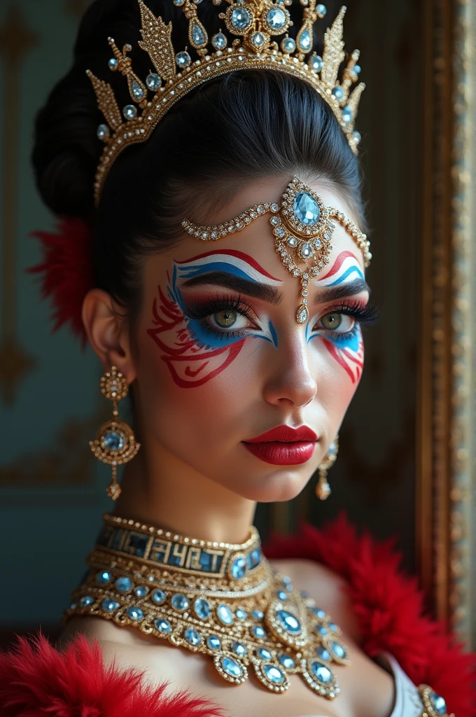 makeup, showing all the power and might of Russia, her traditions. Mandatory colors:red, WHITE, BLUE. The rest is optional. pretty haircut, image, and most importantly makeup. 