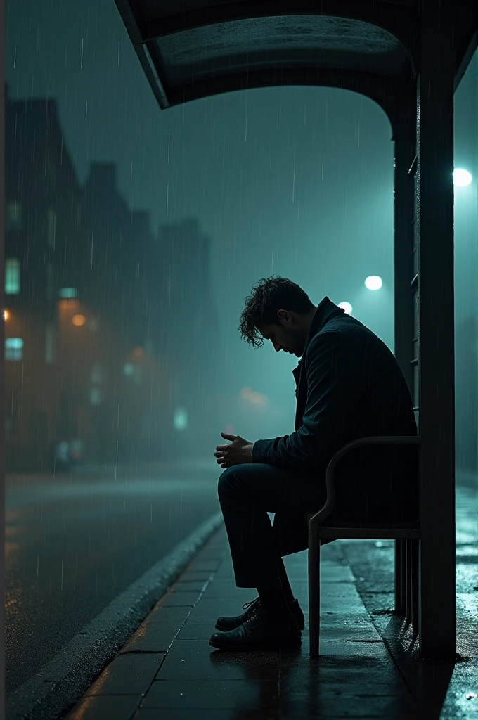 A man sits with his head down at a bus stop in the rain at night.
