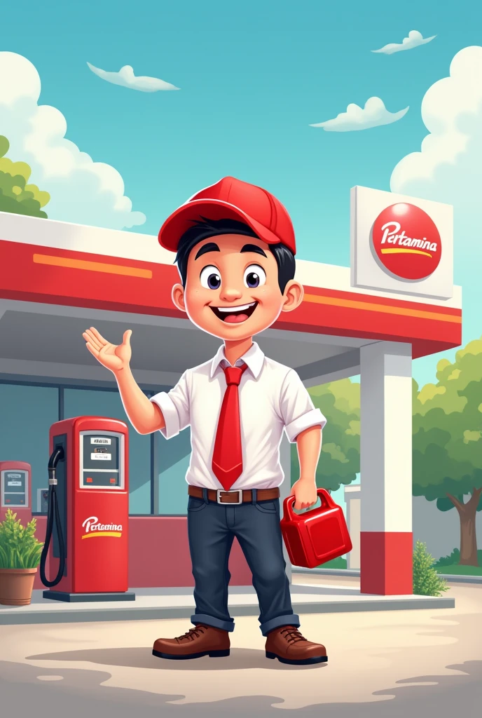 The image depicts a cartoon illustration of a man standing in front of a gas station. The man is dressed in a white shirt with a red tie and a red cap, and he is holding a red gas can in one hand and a gas pump in the other. The gas station has a red and white color scheme, with the name "Pertamina" prominently displayed. The sky is clear and blue, suggesting a bright and sunny day. The man appears to be smiling and looking directly at the viewer, giving the impression that he is welcoming them to the gas station.