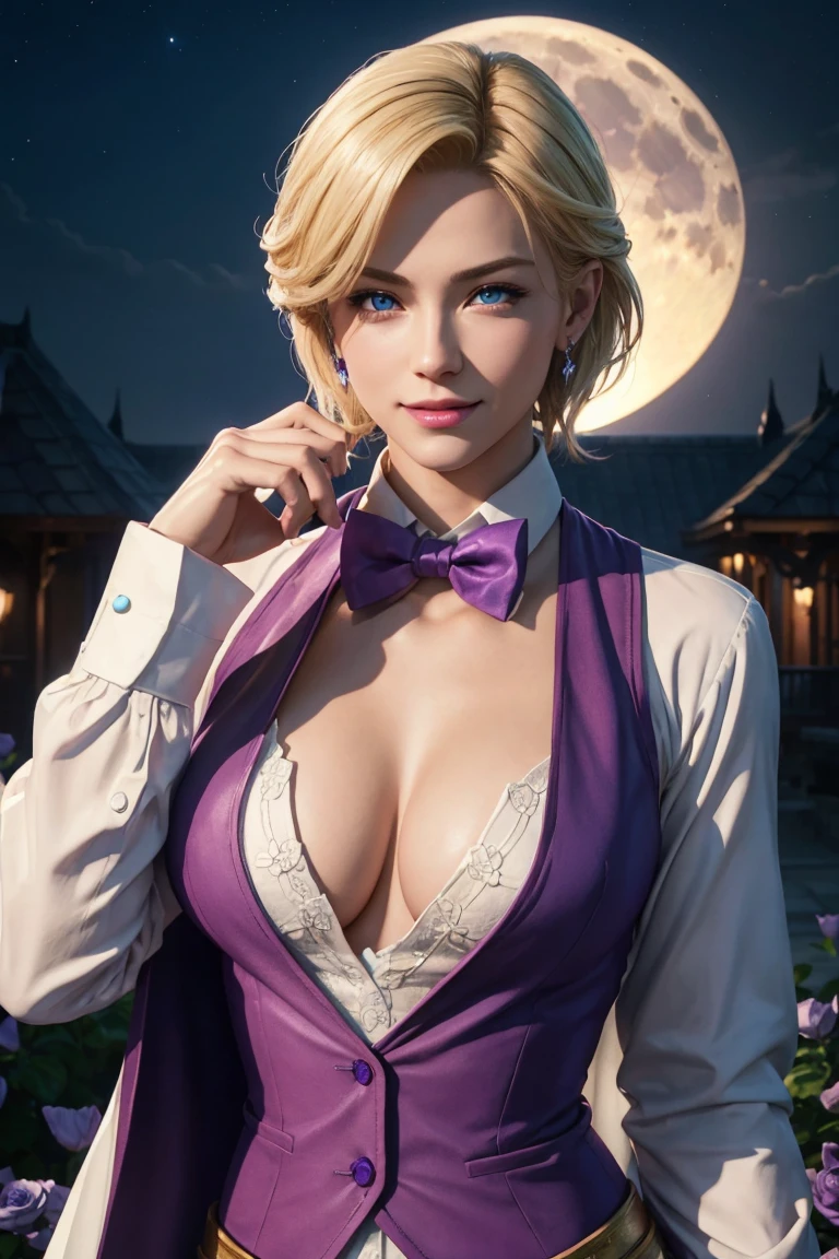 KOF,King of Fighters,King,Blue Eyes,Blonde Hair,Medium Hair,White long shirt,Purple vest,A bow tie,Beautiful white skin,Photorealistic,Ultra HD,high quality,masterpiece,Digital SLR,Detailed details,Intricate details,Anatomical basis,Depicted in detail,A detailed face,Realistic skin texture,Vivid details,Perfect Anatomy,Perfect Anatomy,Anatomically correct hand,Anatomically correct fingers,Super Detail,Complex 3D rendering,Sexy pose,Fantasy worldview,Beautiful Full Moon,,Beautiful night sky,Purple rose petals fluttering,Picturesque,Pink Lips,smile,