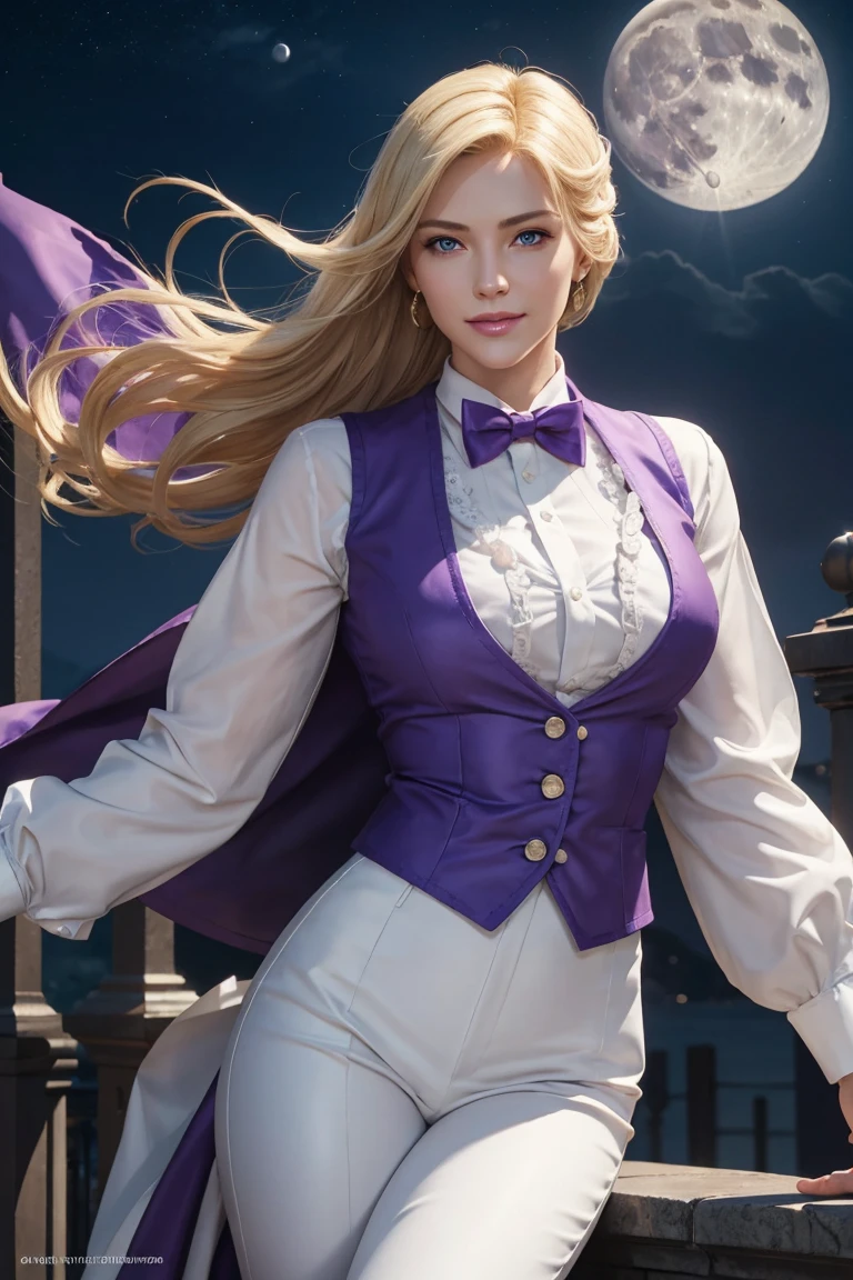 KOF,King of Fighters,King,Blue Eyes,Blonde Hair,Medium Hair,White long shirt,Purple vest,A bow tie,Beautiful white skin,Photorealistic,Ultra HD,high quality,masterpiece,Digital SLR,Detailed details,Intricate details,Anatomical basis,Depicted in detail,A detailed face,Realistic skin texture,Vivid details,Perfect Anatomy,Perfect Anatomy,Anatomically correct hand,Anatomically correct fingers,Super Detail,Complex 3D rendering,Sexy pose,Fantasy worldview,Beautiful Full Moon,,Beautiful night sky,Purple rose petals fluttering,Picturesque,Pink Lips,smile,