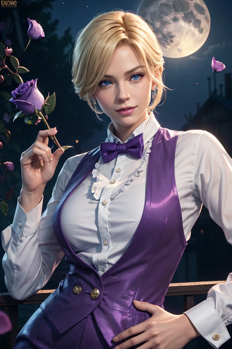 KOF,King of Fighters,King,Blue Eyes,Blonde Hair,Medium Hair,White long shirt,Purple vest,A bow tie,Beautiful white skin,Photorealistic,Ultra HD,high quality,masterpiece,Digital SLR,Detailed details,Intricate details,Anatomical basis,Depicted in detail,A detailed face,Realistic skin texture,Vivid details,Perfect Anatomy,Perfect Anatomy,Anatomically correct hand,Anatomically correct fingers,Super Detail,Complex 3D rendering,Sexy pose,Fantasy worldview,Beautiful Full Moon,,Beautiful night sky,Purple rose petals fluttering,Picturesque,Pink Lips,smile,