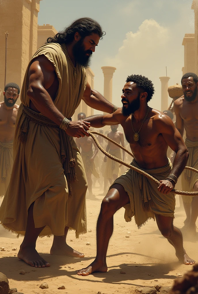 An Egyptian whipping an Israelite, Moses a young man helping the man who is being whipped