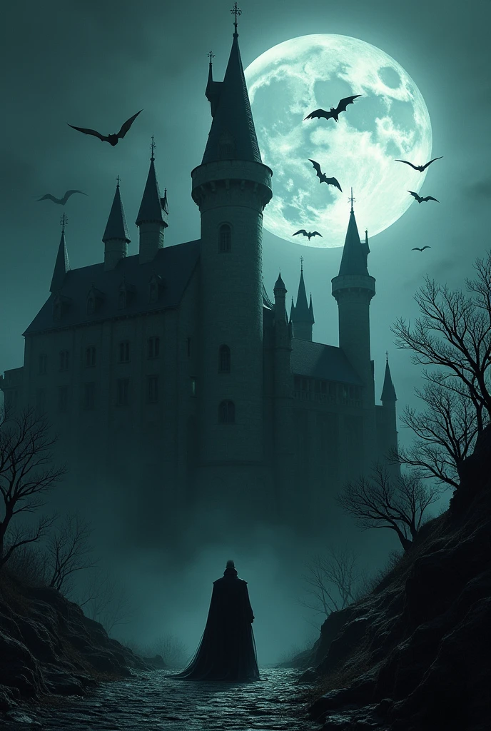 a dark gothic castle, eerie moonlight, vampire, bats flying, cobwebs, creepy atmosphere, dramatic lighting, moody colors, horror, dark fantasy, highly detailed, photorealistic, cinematic, dramatic, concept art