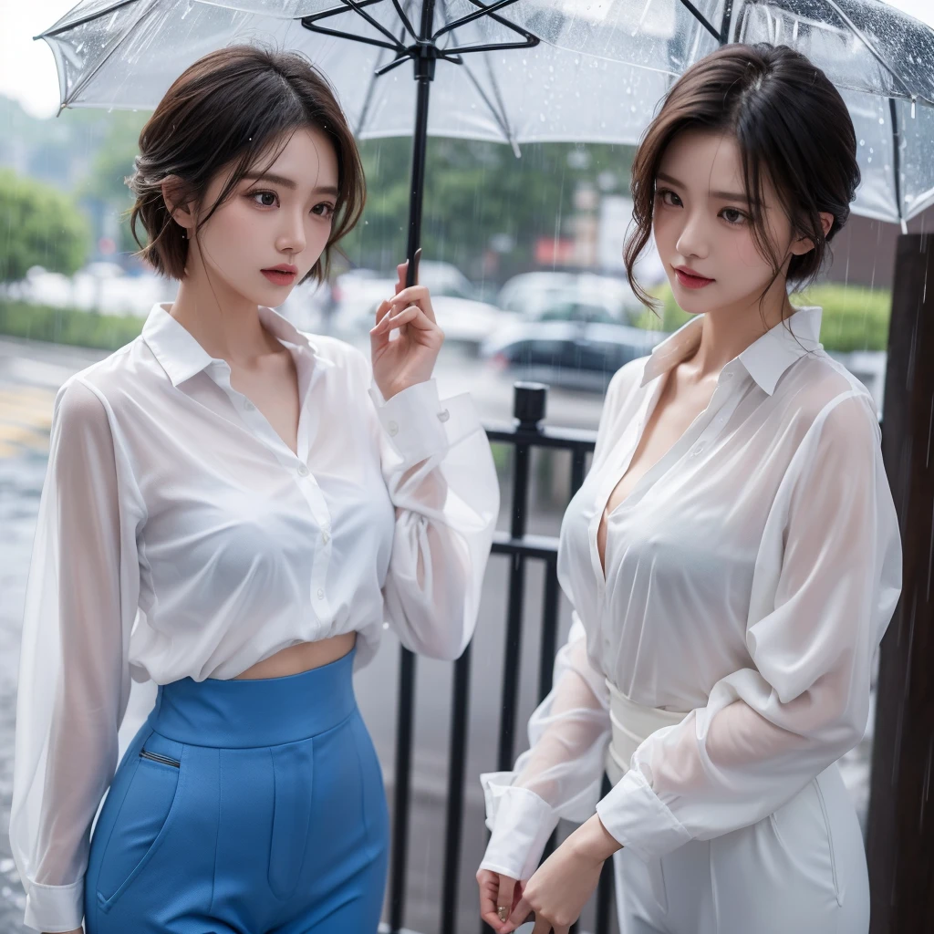 exy pose、Hair getting wet in the rain、Mr.々Hair style、Short Hair、Transparent shirt、Beautiful woman getting wet in the rain、typhoon、Get wet without an umbrella、Beautiful woman in the rain、雨で濡れたBeautyOL、Detailed face、Realistic、beautiful girl、Beauty、Office Lady Uniform、beauty、Beautiful woman、Narrow waist、Handsome woman、Tight pants look、Colorful suit、Sexy pose、Tight suit pants、Suit wet in the rain、Wet shirt、See-through shirt、