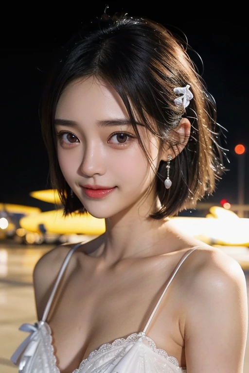 (2 Japanese girl,), (Small breasts:1.5,),(solo,,Textured skin, Detailed skin,Detailed face,Detailed eyes,detailed posing,Natural eyebrows,Sparkling Eyes,High detail, Highest quality, Super detailed, Surrealism, ,8k,RAW Photos,Photographicism,Professional Lighting,Portrait Photography,Soft Light),((Black Hair, Dark Eyes,Natural Makeup,Simple earrings, Bob Hair,ribbon,smile)),(((Aerodrome at night,Airplane terminal,Photographed with the runway in the background)))