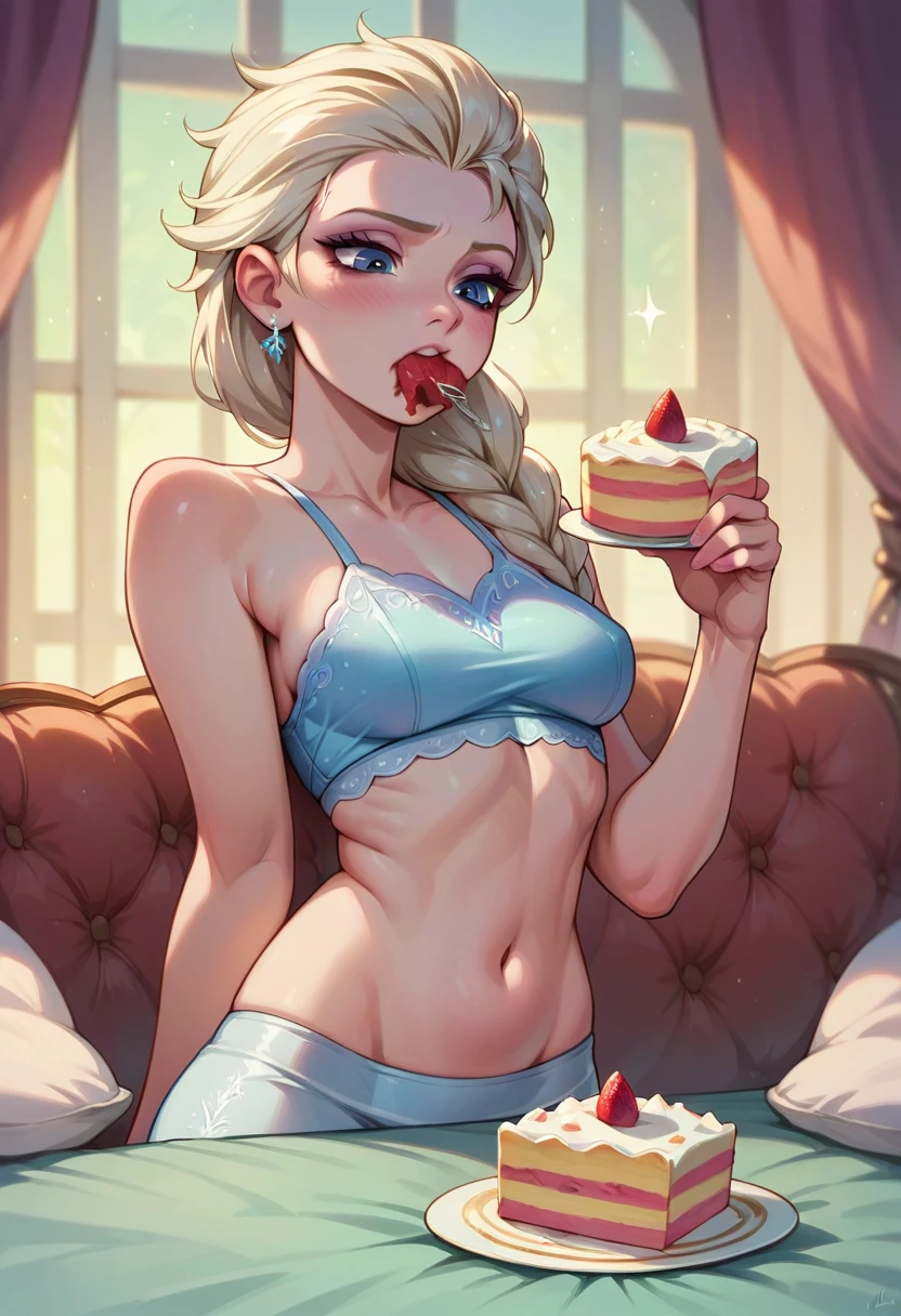 Tall sullen Elsa skinny face,pudybelly, fullbodyimage ,eating a cake