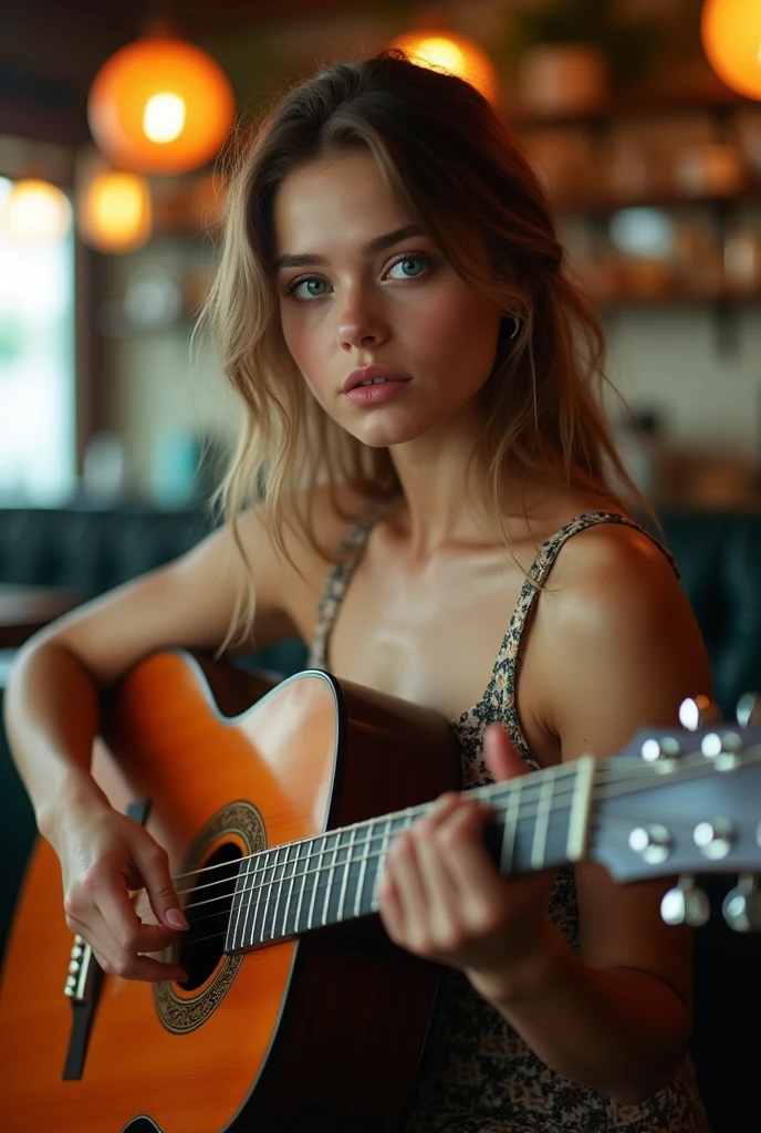 ((Highest quality)), ((masterpiece)), (detailed), Perfect Face, Panoramic shot of a young Russian woman playing guitar in a retro coffee shop, A woman with a V-shaped face and blue eyes, Clear Face, Clear Guitar, Latin-style surreal photography, 8k, Ultra-high resolution, Sharp Face