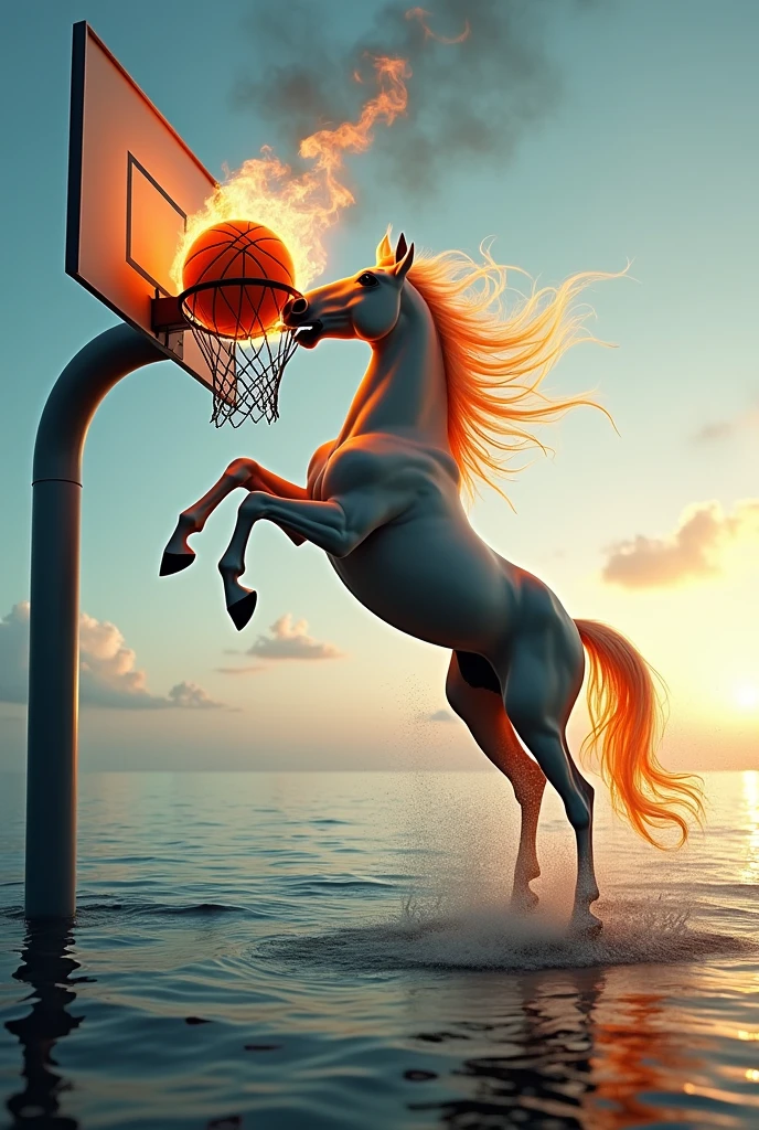 A horse holding a basketball on fire while jumping and scoring on the basketball net and is in the sea and scores a net on a basketball net