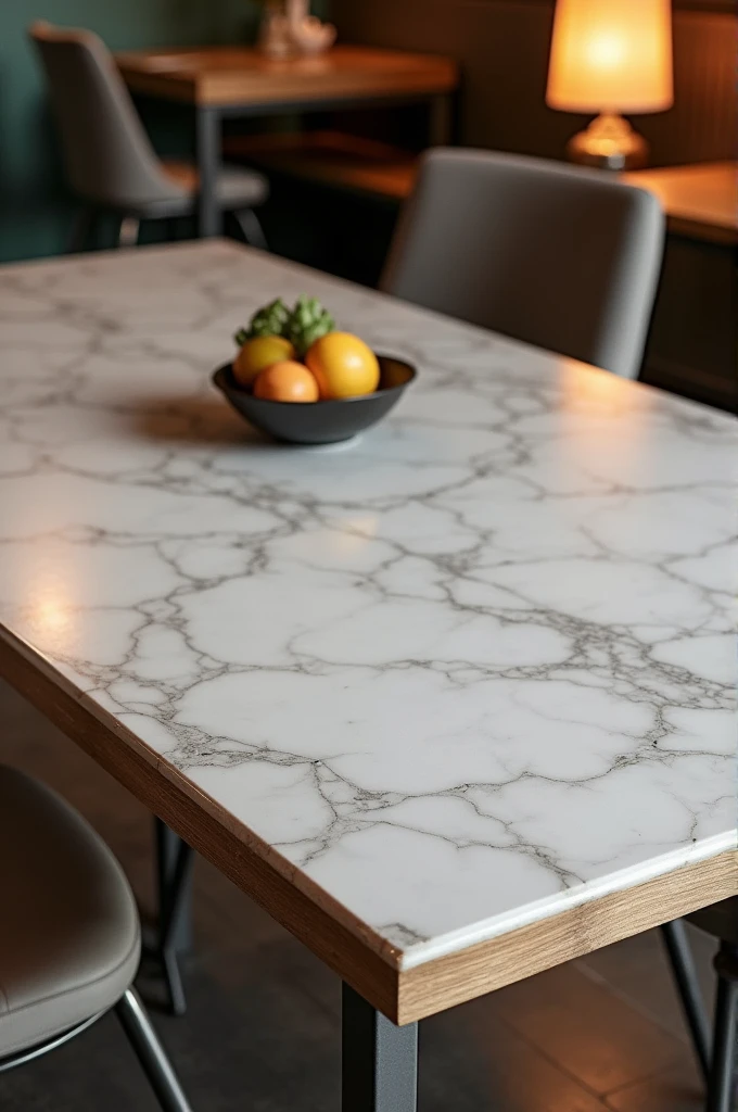 Wooden restaurant table covered on the flat side with white marble wallpaper and silver lead colored legs