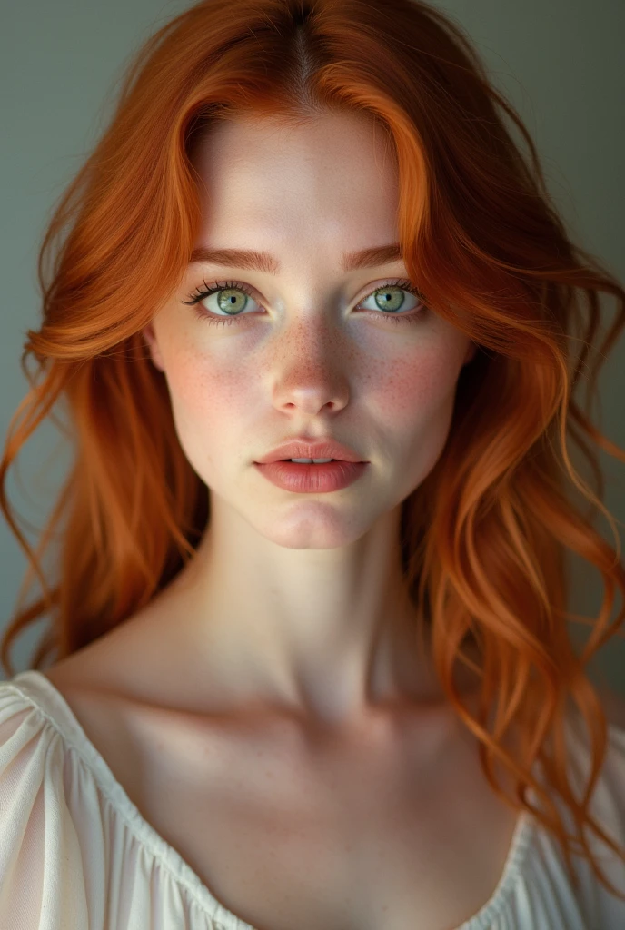 un portrait d'une jeune femme rousse de 21 ans, très belle ; une peau magnifique ; photo très réaliste