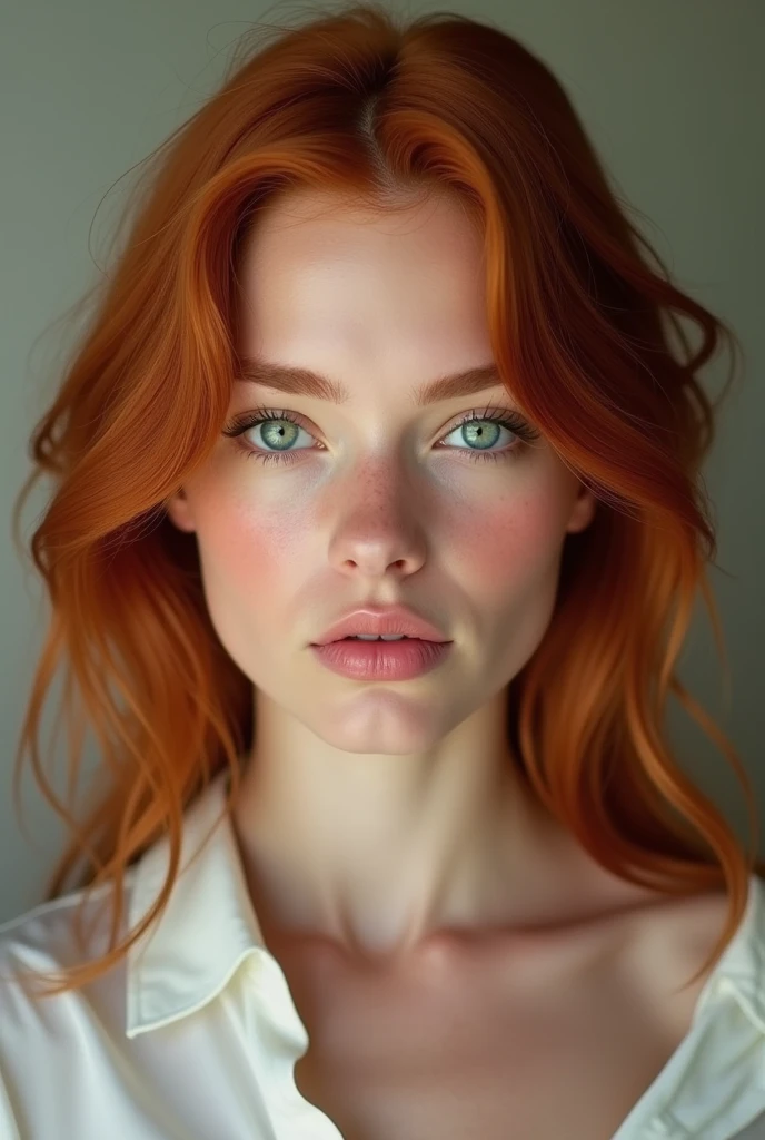 un portrait d'une jeune femme rousse de 21 ans, très belle ; une peau magnifique ; photo très réaliste