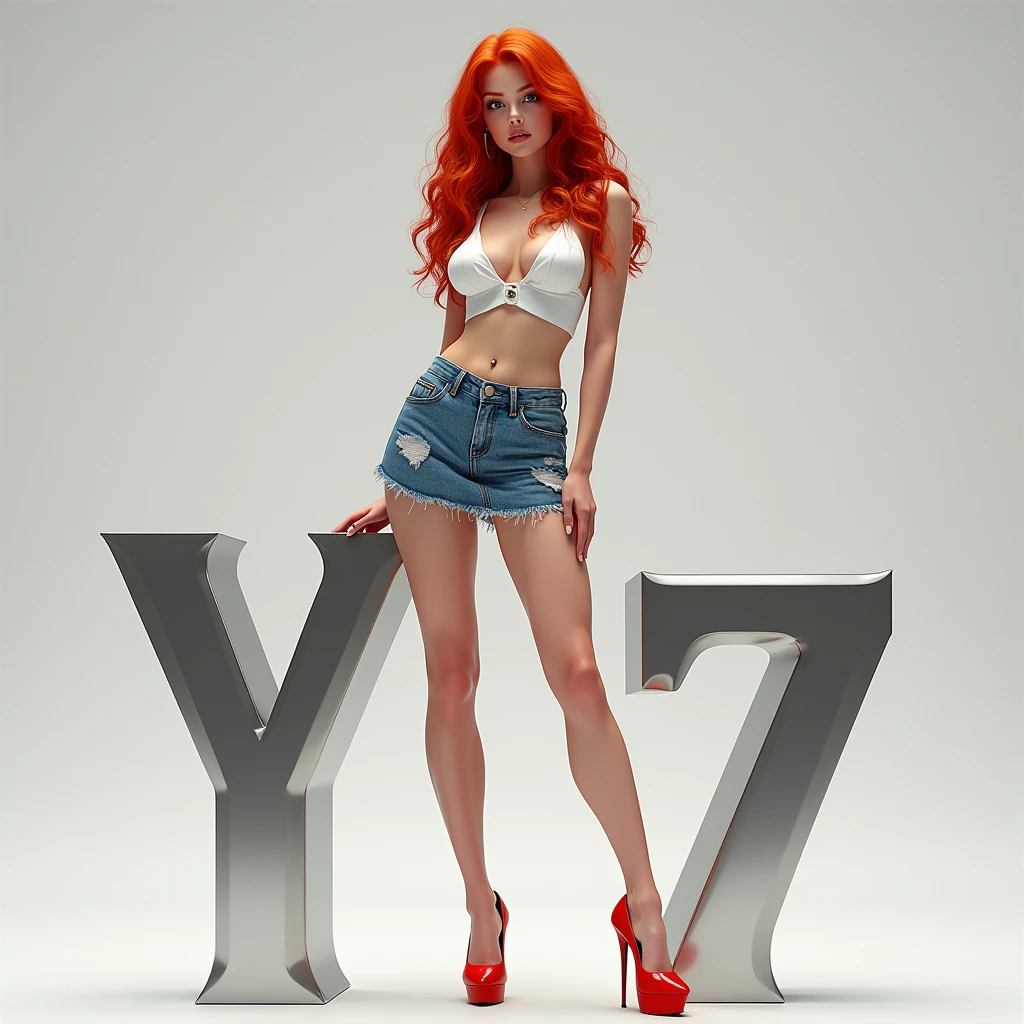 A red-haired woman in a white bikini, denim skirt and 20cm red heels with the right foot on the silver letter Y and the left foot on the silver number 7