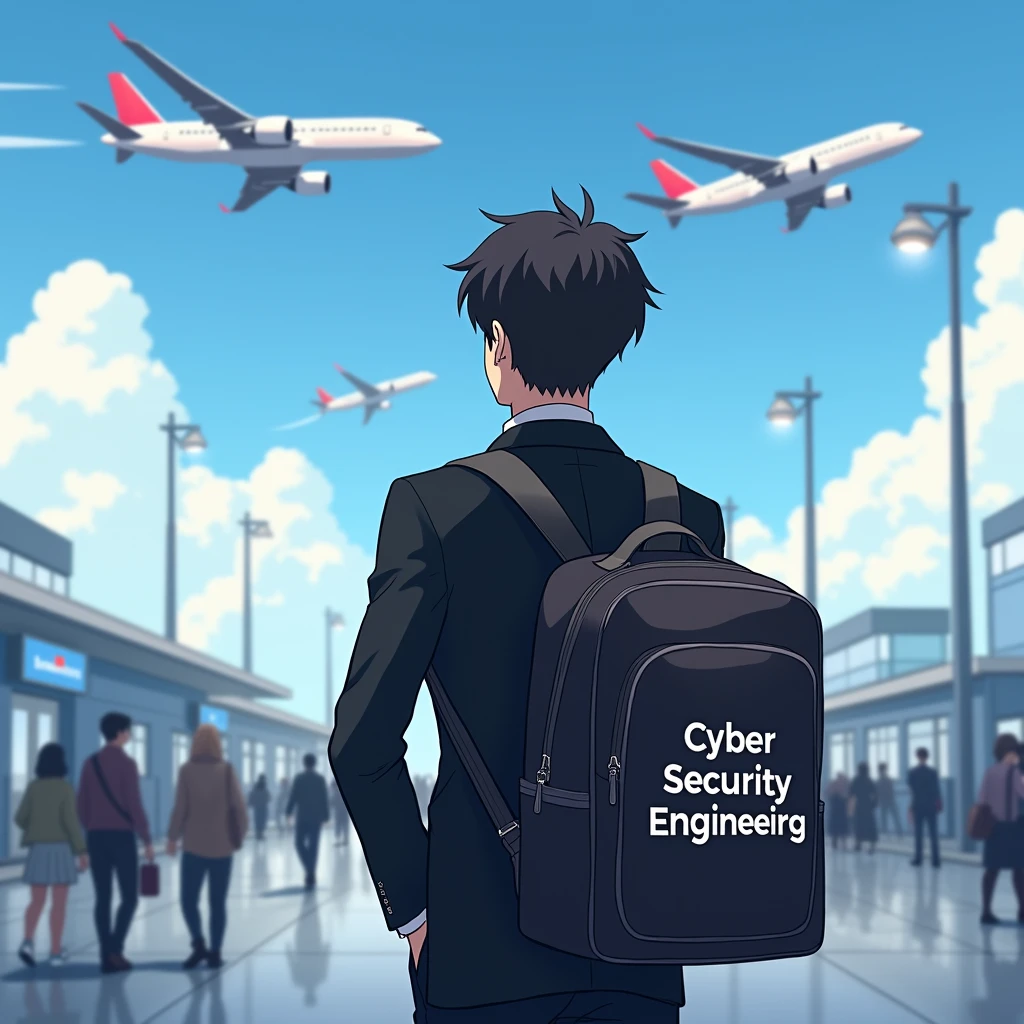 An adult student 2 boy wearing black blazer complet
Standing in airport watching panes fly
In his school bag it's written Cyber Security Engineer
View from backside of his back
Anime