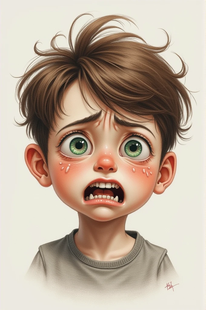 A drawing of a boy with green eyes, brown hair and nice round cheeks, suffering from toothache