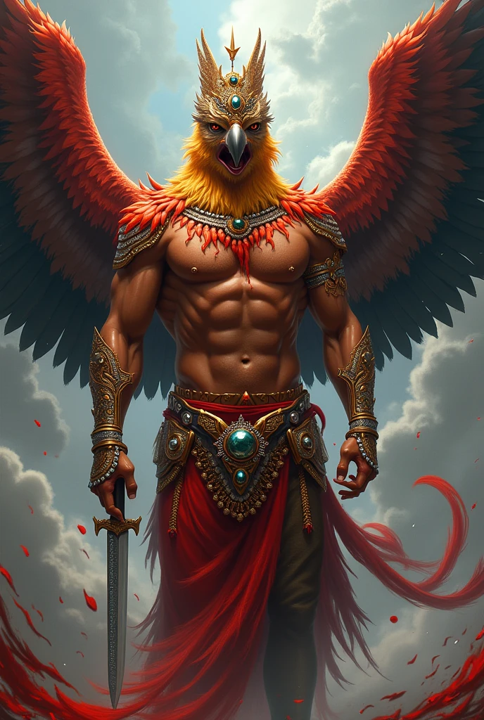 Garuda from the heaven of the Thirty-three with abdominal muscles, bird claws on his feet, human hands, feathers on his neck, beak of a golden hawk, red body, diamond armor on his wings, a crown decorated with diamonds, Thai pants, a loincloth on his head, a knife stabbed his stomach and neck until blood came out.