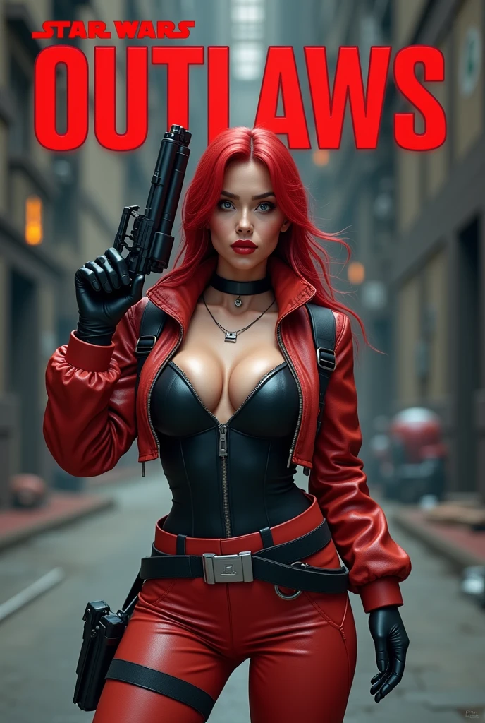 Captured from a high-angle, eye-level perspective, high detailed full body front facing shot, a woman beautiful hourglass body with large breasts, dressed in a red and black flight jacket red and black pants with a black leather utility belt, holds a futuristic blaster handgun in her right hand. Her left hand is raised in the air, while her right arm rests on her hip. Her right arm is draped over her shoulder, adding a pop of color to the scene. The girl's hair is a bright red full body over the shoulder with bangs, Her eyes are a piercing blue, and her lips are a bright shade of red, with a slight smile on her face. The backdrop is blurred in the background there is 3D text that reads "Star Wars Outlaws" at the top of the picture, creating a stark contrast to the girl. Star Wars Movie Style Science Fiction, realistic, Futurism, retina, masterpiece, accurate, anatomically correct, textured skin, super detail, best quality, award winning, highres, 4K, 8k, 16k