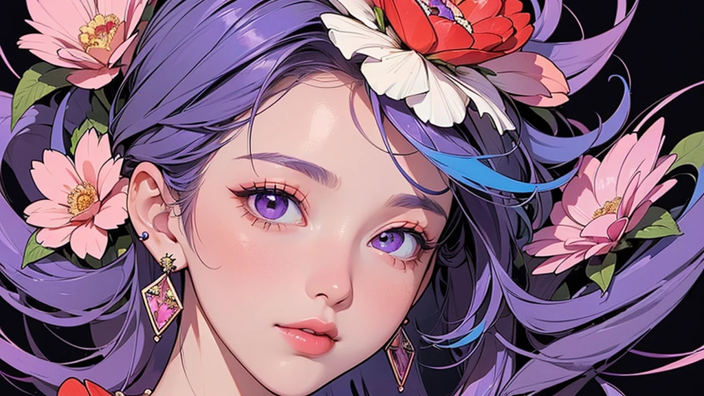 32K, 最高quality, 最高masterpiece, (ultra-Detailed Background, Detailed Background), High resolution, Super detailed, Very detailedな, 1 personの, (bouquet:1.3), (Tangled:1.2), (Geometric:1.2),(colorful),(masterpiece, quality, best quality, Official Art, Beautiful and beautiful:1.2), (1 person:1.3), Very detailed,(colorful:1.1)(Flowers:1.3),Most detailed,(Tangled:1.2), whole body, (Abstract background:1.3), (Skin glows), (Many colors:1.4), ,(Earrings Jewelry:1.5), Purple-red pale background, It's imaginative., Milk tea colored hair,
