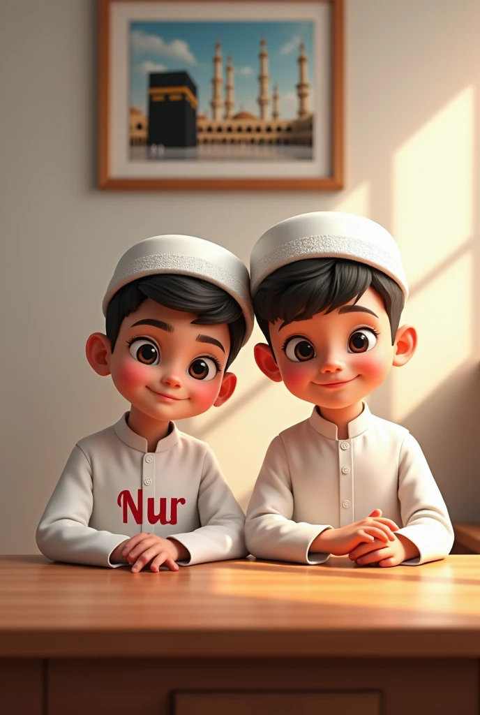 Realistic 2 muslim boy sitting on Table , and looking camera. The boy is wearing white Shalwar Kameez and islam muslim cap on head, and boy face at from side. And written Nur name on boy's Dress, the background features simple bedroom and Nur written in red font on behind white wall and Makkah & Madina masjid photo frame holding on wall.
 