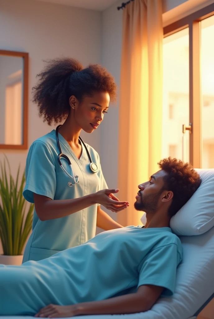In a medical office Afro-Haitian nurse, very nice nurse, taking the blood pressure of a patient who is quite worried about his health, lying on a medical bed. Cadre medical, fabulous, colored, spacious, visible grassy plant. Beautiful setting.