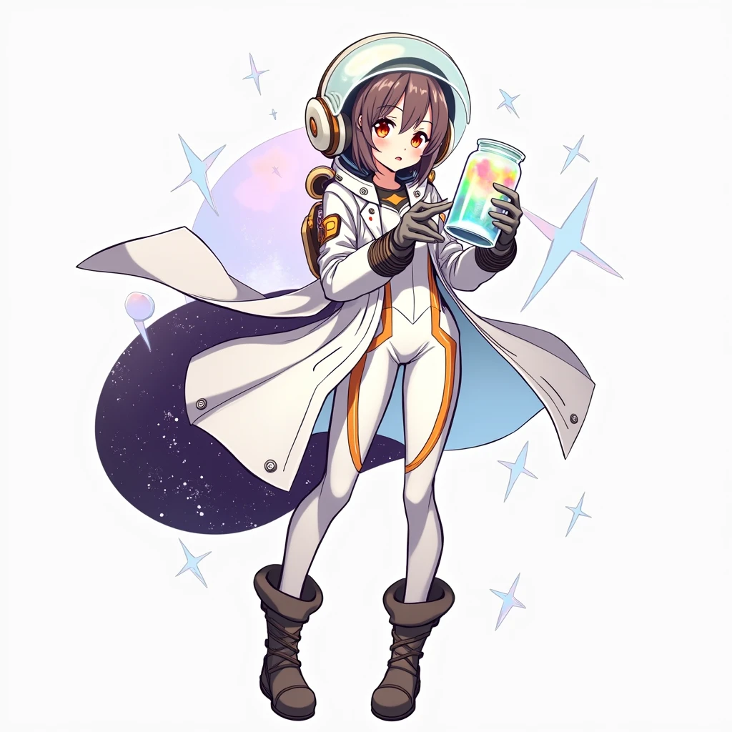 a drawing of an anime girl in a futuristic space suit with labcoat, scientist girl in space suit, holding a jar, traditional anime art, traditional style, epic pencil illustration, hyper detailed manga drawing,