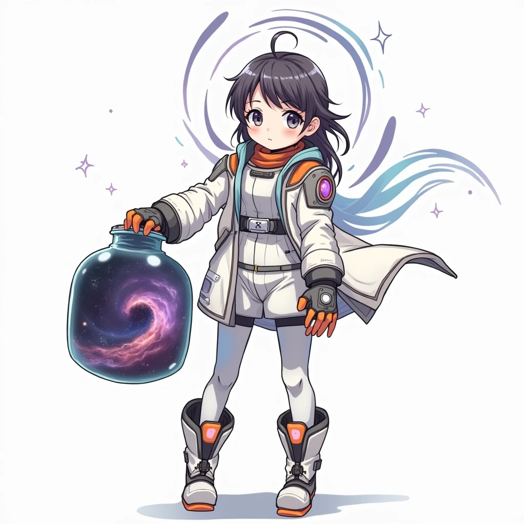 a drawing of an anime girl in a futuristic space suit with labcoat, scientist girl in space suit, holding a jar, traditional anime art, traditional style, epic pencil illustration, hyper detailed manga drawing,