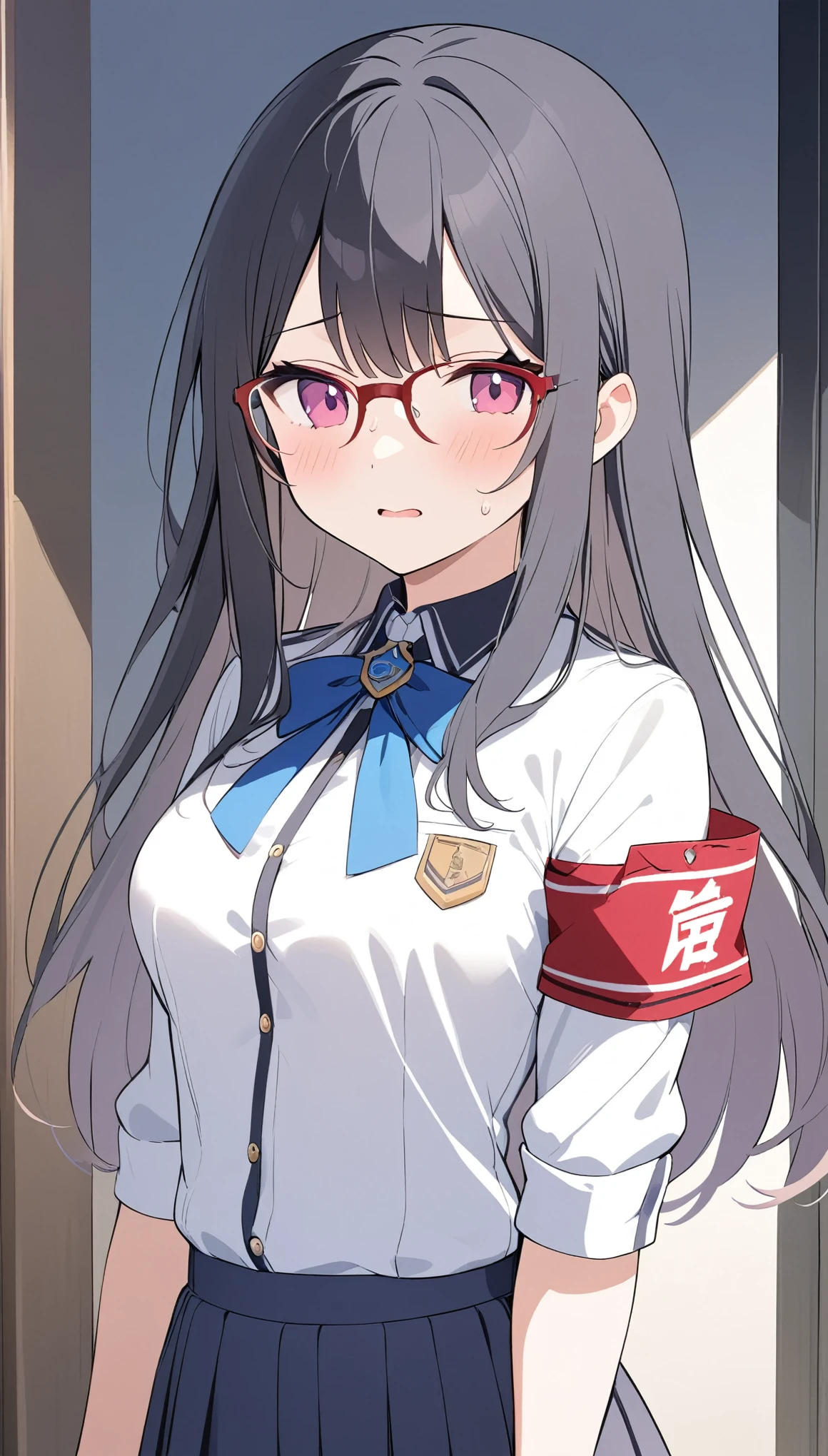 school student council president、school uniform、Glasses、Black Hair、long hair、Student council president armband on uniform、nervous,独奏